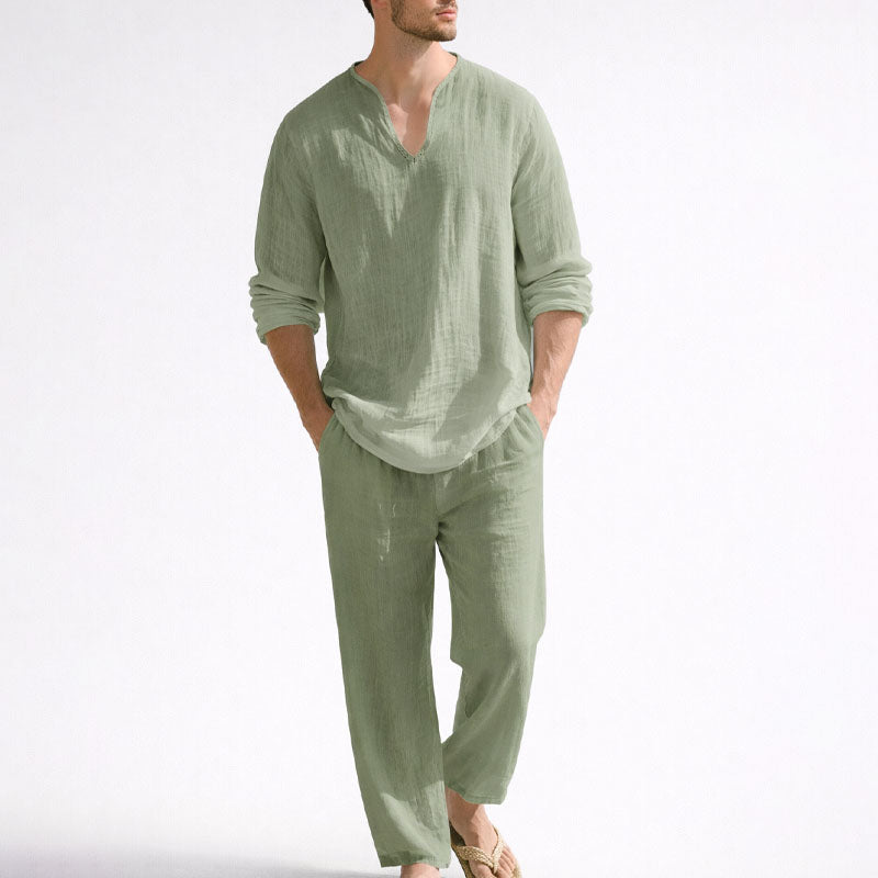 PHILIP™ | Ensemble chemise à col en V et pantalon en mélange de lin pour homme