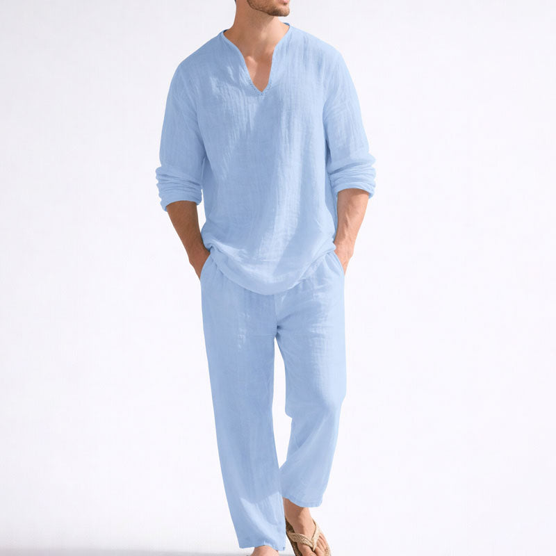 PHILIP™ | Ensemble chemise à col en V et pantalon en mélange de lin pour homme