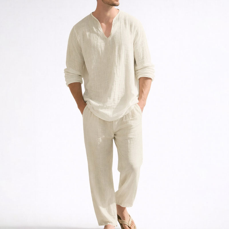 PHILIP™ | Ensemble chemise à col en V et pantalon en mélange de lin pour homme