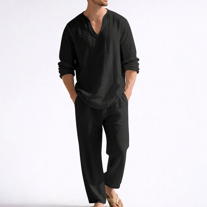 PHILIP™ | Ensemble chemise à col en V et pantalon en mélange de lin pour homme