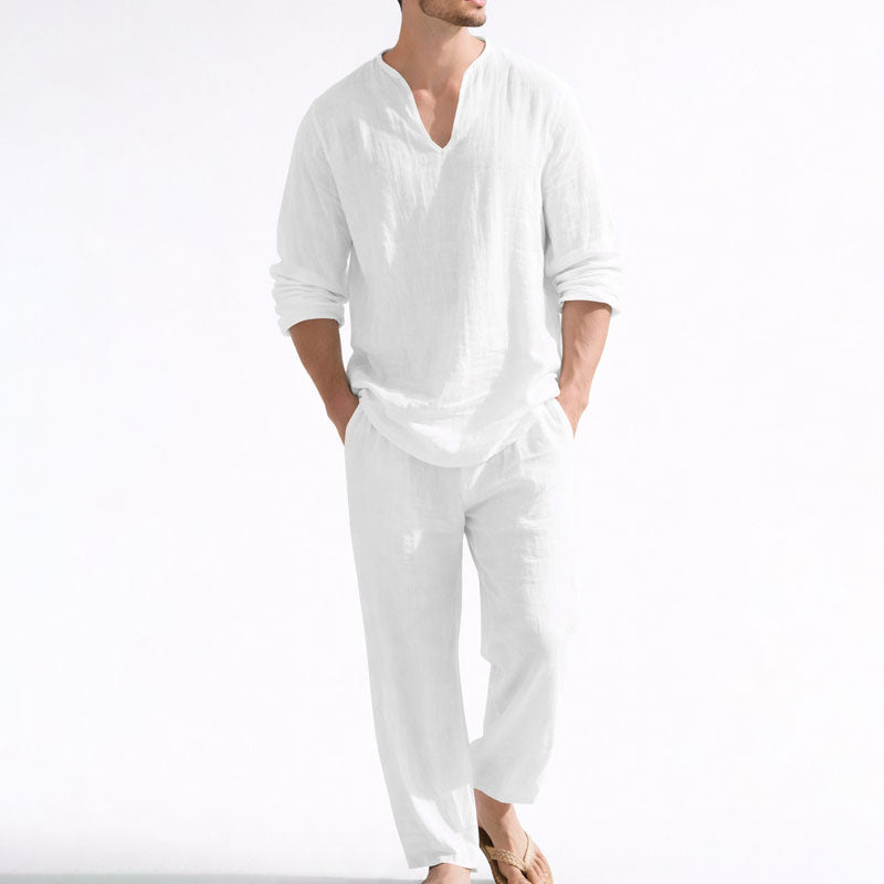 PHILIP™ | Ensemble chemise à col en V et pantalon en mélange de lin pour homme